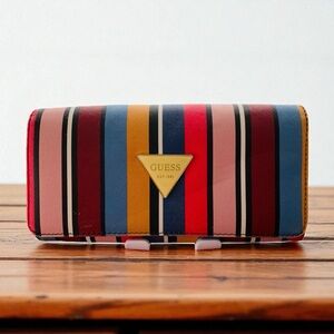 Guess Rainbow Multi Color Stripe‎ Fold Over Snap Closure Leather Wallet